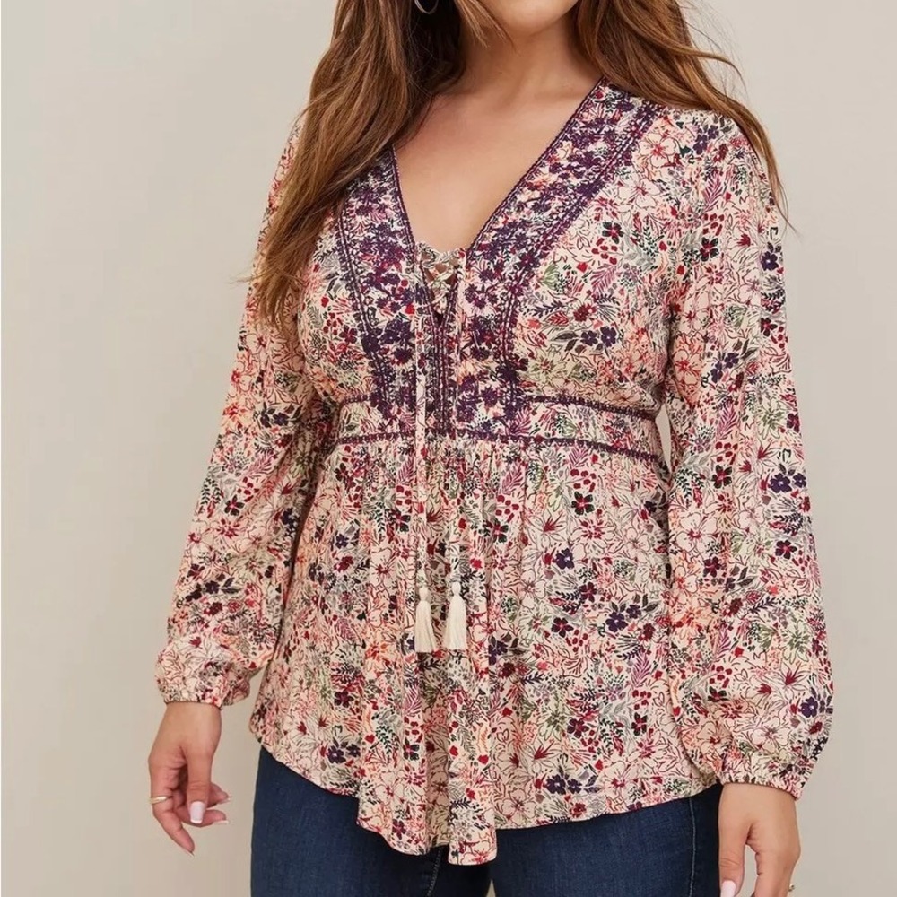 TORRID Babydoll Blouse Women's 2X Pink Floral Boho Embroidered Peasant Top